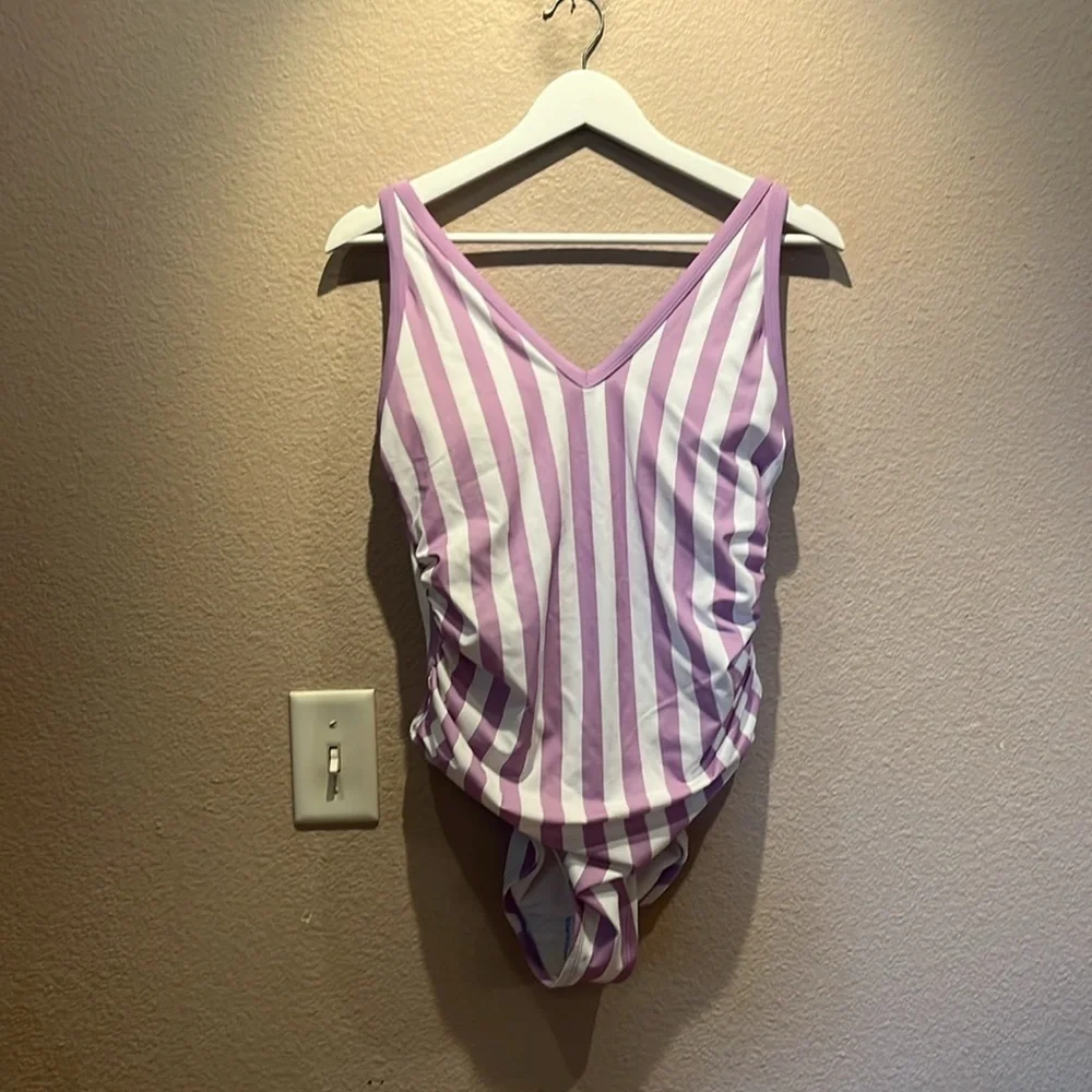 New Kona Sol 14W Lavender Purple Striped Retro Swimsuit- One Piece NWT